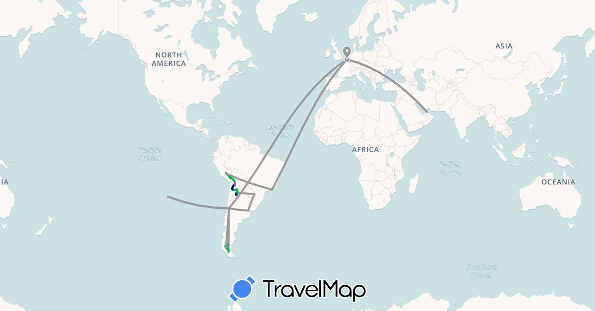 TravelMap itinerary: driving, bus, plane, train, hiking in United Arab Emirates, Argentina, Belgium, Bolivia, Brazil, Chile, Peru (Asia, Europe, South America)
